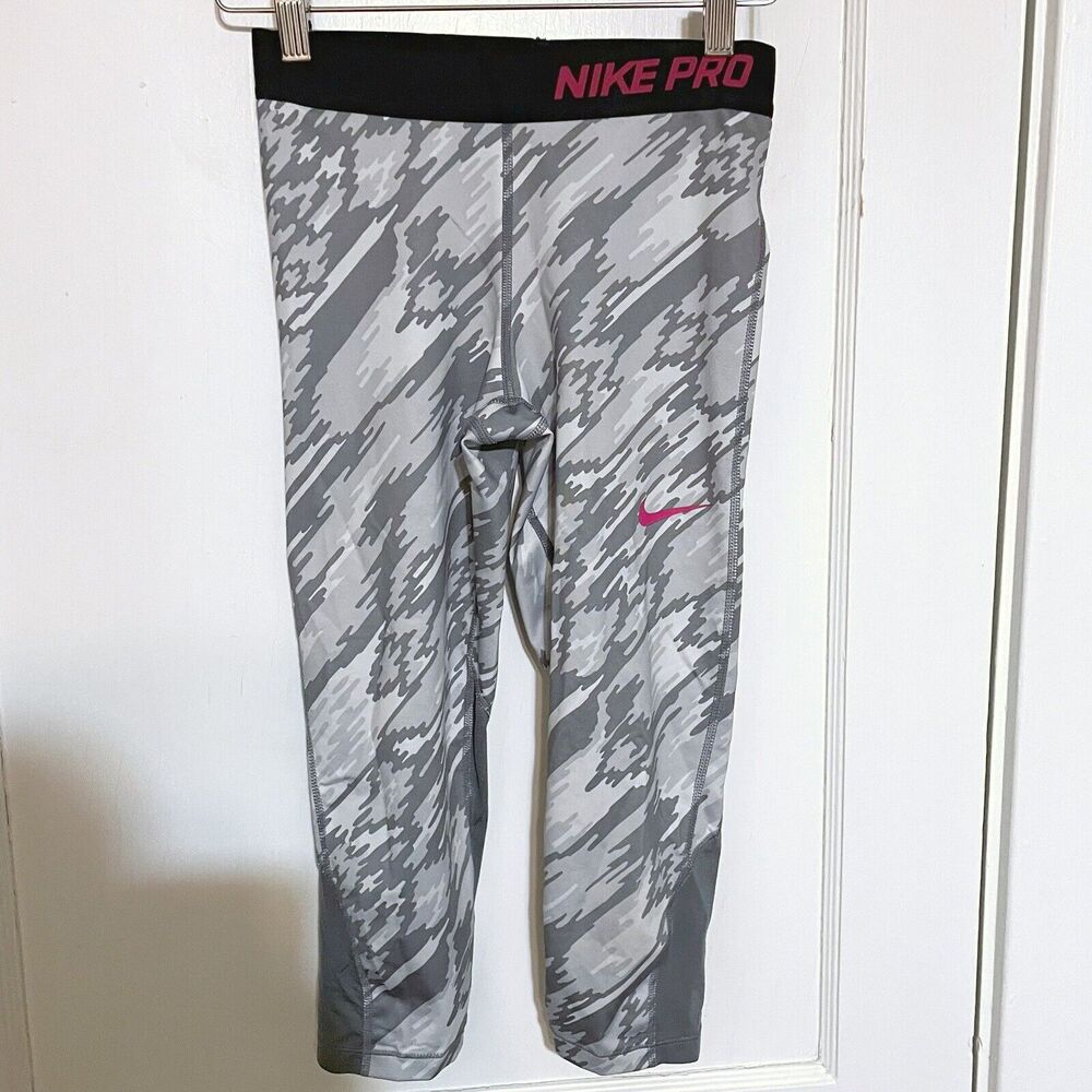 Nike Pro Dri-Fit Girls Leggings Large Gray White Pink Swoosh